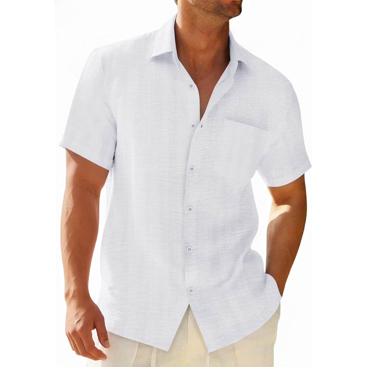 Runcati Mens Button Down Shirts Casual Short Sleeve Shirt Textured Linen Summer Beach Tops With Pocket