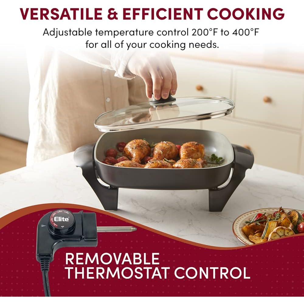 Elite Gourmet 12"x12"x2.15” Ceralast™ PFAS Free Ceramic Electric Skillet, Dishwasher Safe, Rapid Heat Up, 1200W, Dark Grey
