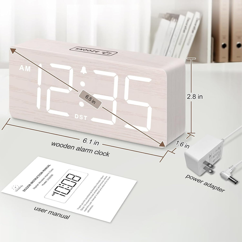 Dreamsky Wooden Digital Alarm Clock For Bedroom - Desk Clock For Living Room With Large Numbers, Dimmer, Loud Alarm For Heavy Sleepers With Volume Control, Dst, Office Wood Decor (Plug In Clock)