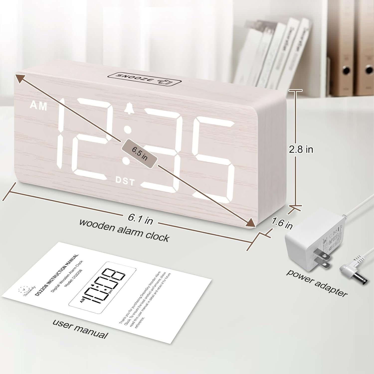 Dreamsky Wooden Digital Alarm Clock For Bedroom - Desk Clock For Living Room With Large Numbers, Dimmer, Loud Alarm For Heavy Sleepers With Volume Control, Dst, Office Wood Decor (Plug In Clock)