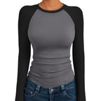 Trendy Queen Women'S Long Sleeve Shirts Slim Fit Stretchy Color Block Slightly Cropped Tops