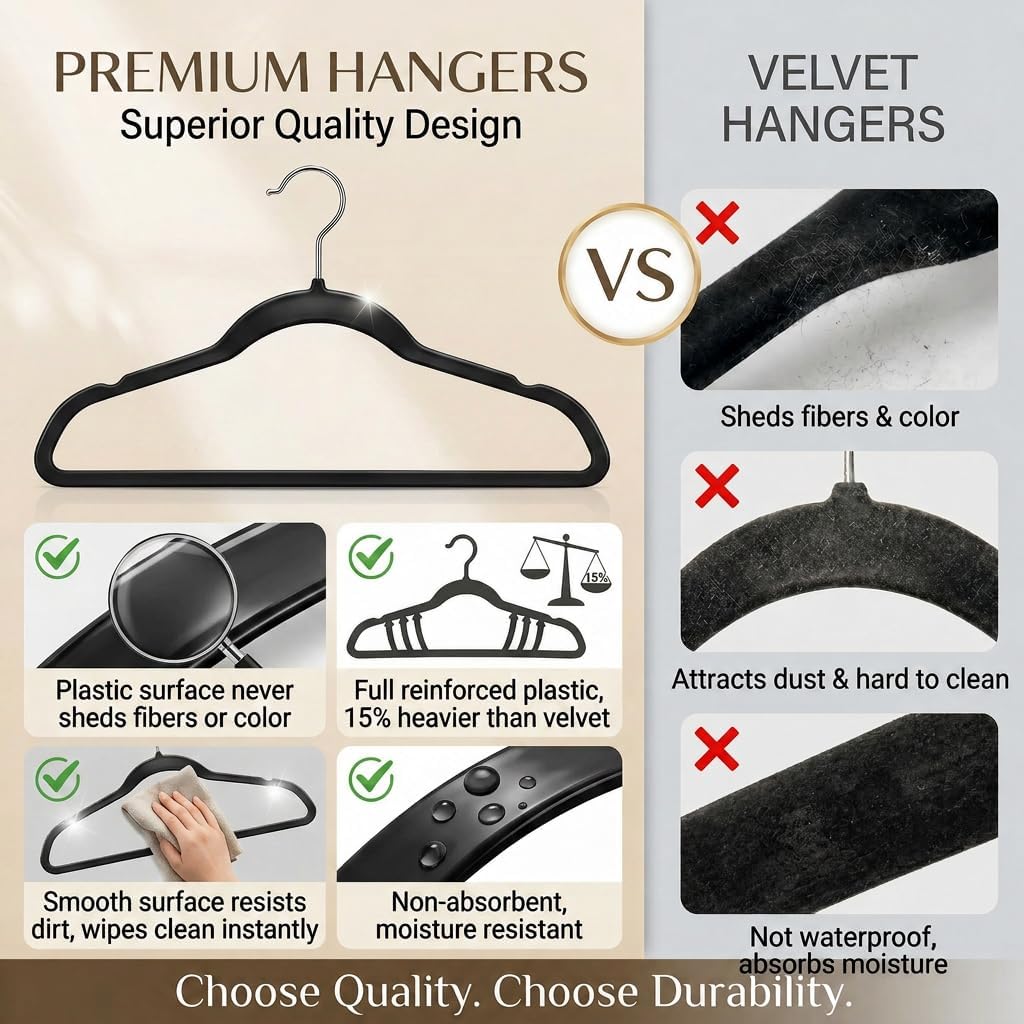 Plastic Hangers 50 Pack, Heavy Duty Plastic Hangers For Clothes - Non-Velvet Slim Hangers With 360° Swivel Hook & Clothes Thin Hanger - Durable Coat Hangars, Space Saving Hanger - Black