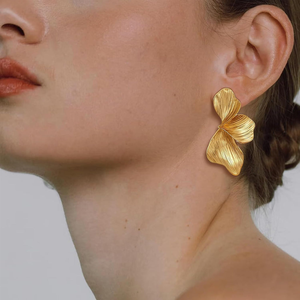 OGD Chunky Gold Statement Earrings For Women Trendy Gold Plated Sectored Flower Leaf Angel Wing Earrings Large Stud Jewlery Hypoallergenic