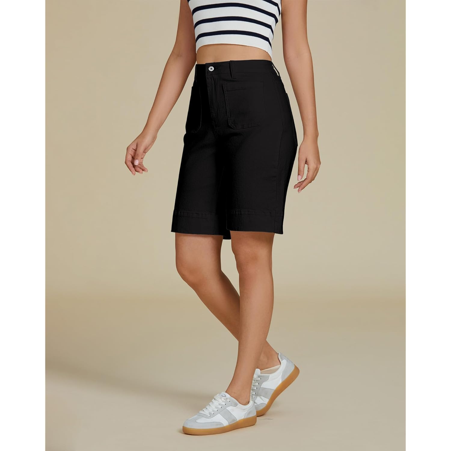 Bermuda Shorts for Women High Waisted Trendy Patch Pocket Casual Vintage Long Stretchy Denim Shorts Summer Jorts