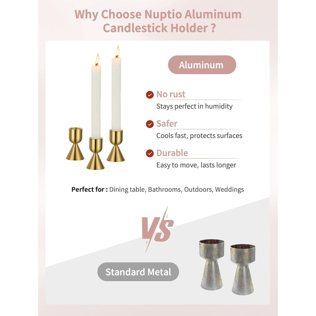 NUPTIO Candle Stick Candle Holder: Set of 4 Gold Aluminium Candlestick Holders - Brass Taper Candleholder for Fall Thanksgiving Christmas Table Fireplace Decoration