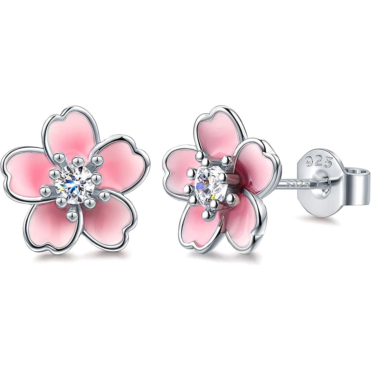 Pink Flower Earrings for Women, 925 Sterling Silver Stud Earrings, Cute Plumeria Earrings For Women, Cherry Blossom Hypoallergenic Stud
