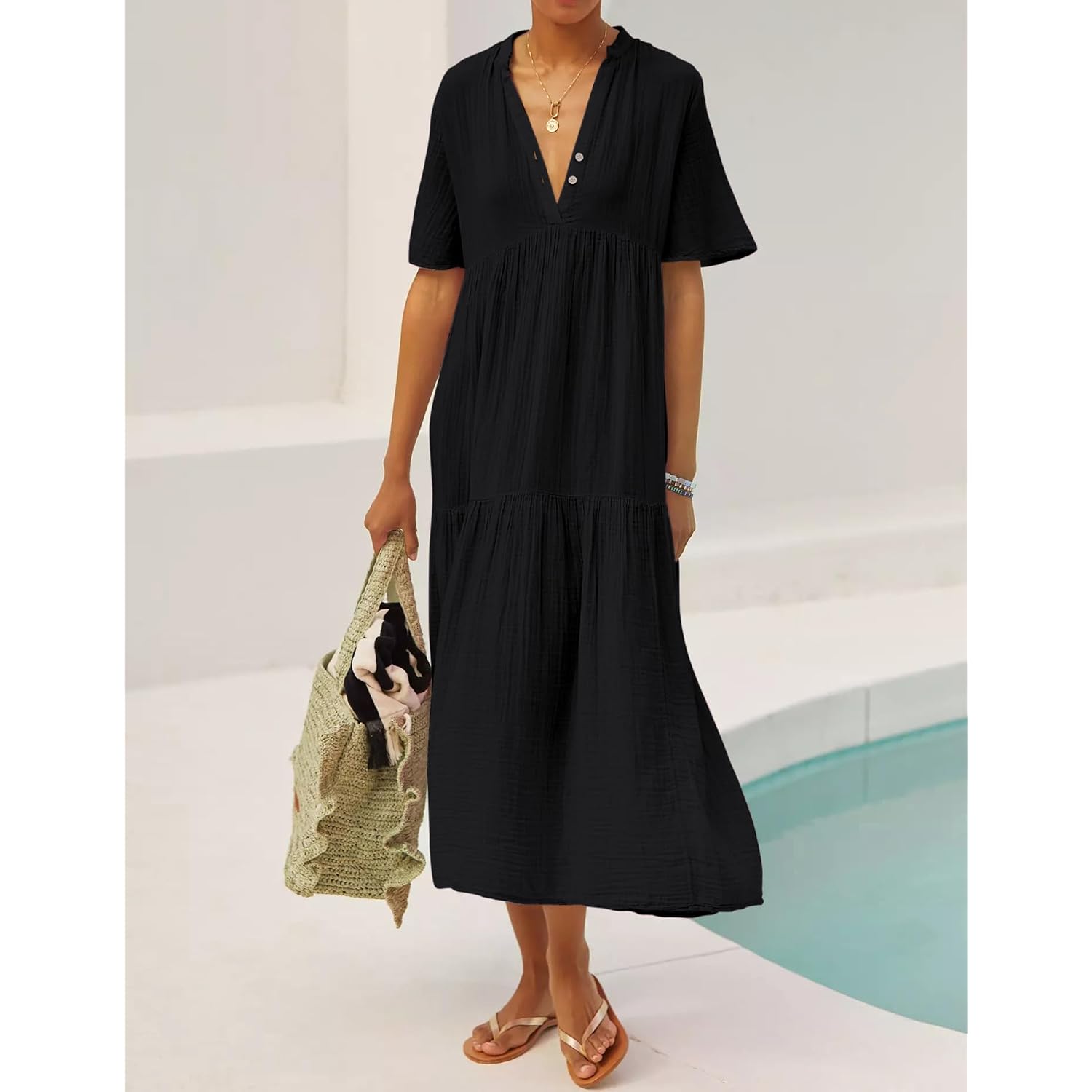 R.Vivimos Womens Summer Cotton Flowy Maxi Dress Short Sleeve V Neck Empire Waist Boho Tiered Ruffle Casual Loose Long Dresses