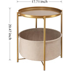 Gold Side Table With Basket, Small Round Table For Living Room | Metal Modern Nightstand For Small Space, Bedroom, Nursery, Accent Metal Stand With Removable Serving Tray, 20.47 In Tall