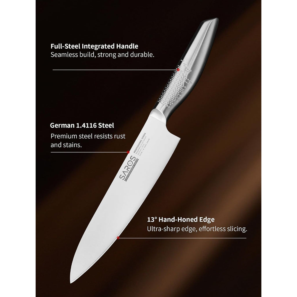 8 Inch Japanese Kitchen Knife – Professional Gyuto Chef Knife Made Of 1.4116 German Steel, All-Steel Anti-Slip Handle, Razor Sharp Blade In Gift Box For Home & Restaurant
