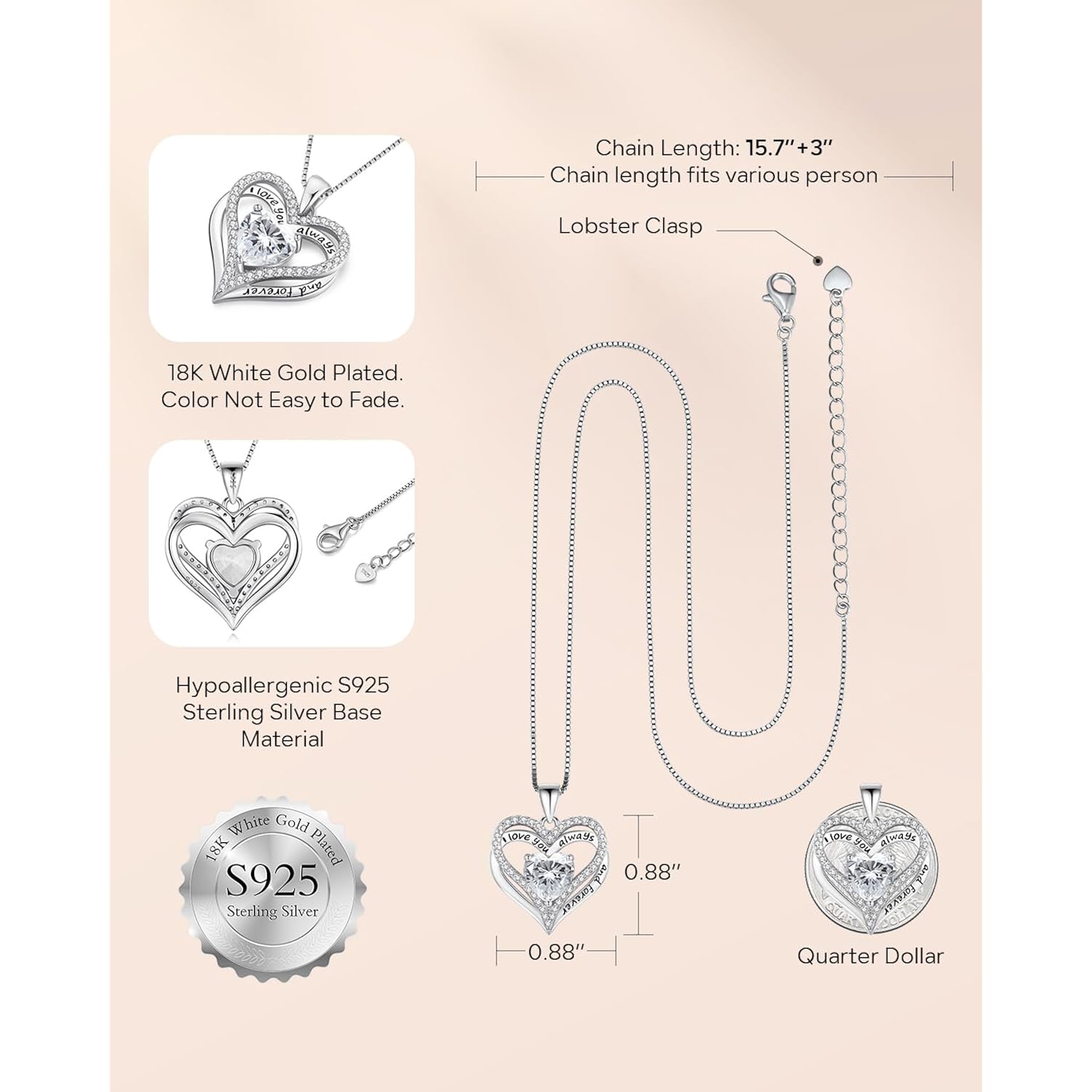 S925 Sterling Silver Necklace for Women, Wife Jewelry Rose Gold, Mom Birthday Valentines Mothers Day Gifts, Girlfriend Necklaces, Daughter Heart Jewel, Anniversary for Her