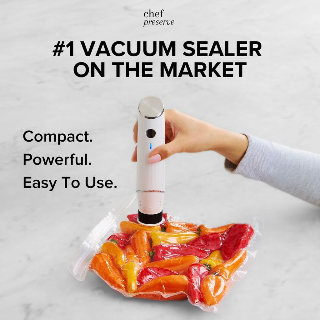 Chef Preserve Compact Vacuum Sealer For Food (Vacuum Sealer Machine + 30 Reusable Vacuum Bags) Powerful Handheld Vacuum Sealer Machine, Seal Meal Saver, Portable Food Sealer