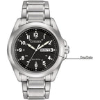 Citizen Men'S Eco-Drive Weekender Garrison Field Watch In Stainless Steel, Black Dial, Arabic Markers, Luminous, 43Mm (Model: Aw0050-82E)