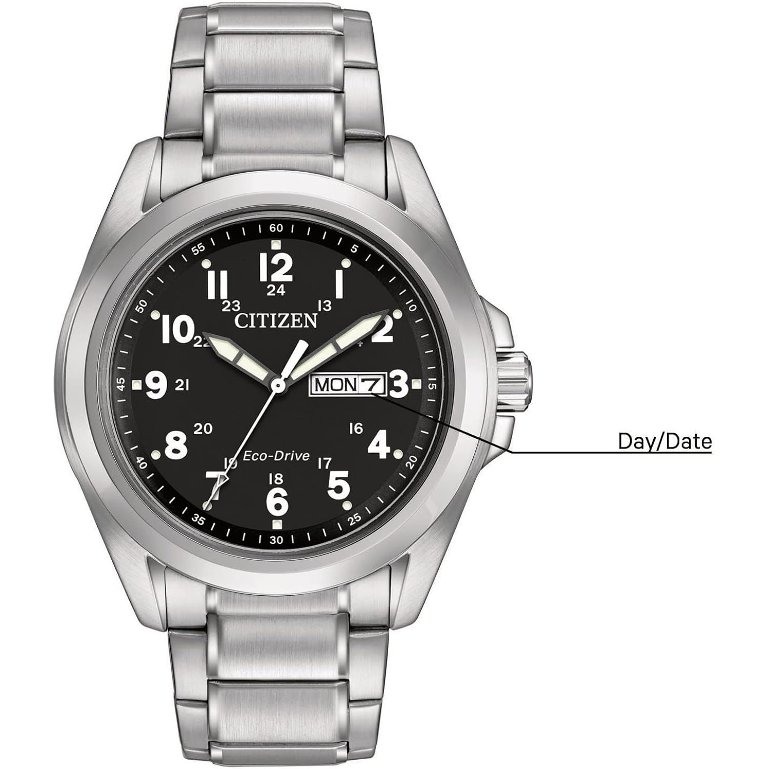 Citizen Men'S Eco-Drive Weekender Garrison Field Watch In Stainless Steel, Black Dial, Arabic Markers, Luminous, 43Mm (Model: Aw0050-82E)