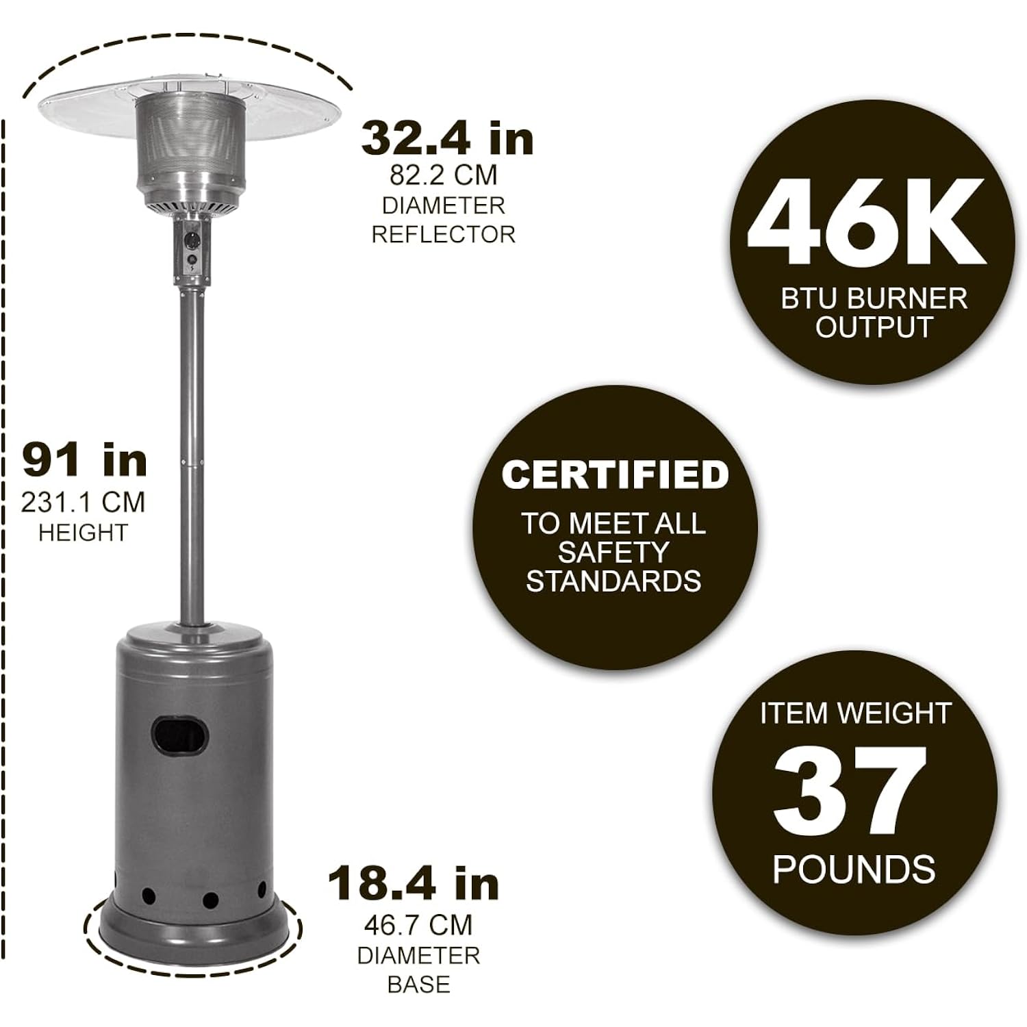 Amazon Basics 46,000 Btu Portable Outdoor Propane Patio Heater With Wheels, Commercial & Residential With Water Tank, Adjustable Heat Output, 9-Foot Radius, Slate Gray, 32.1"L X 32.1"W X 91.3"H