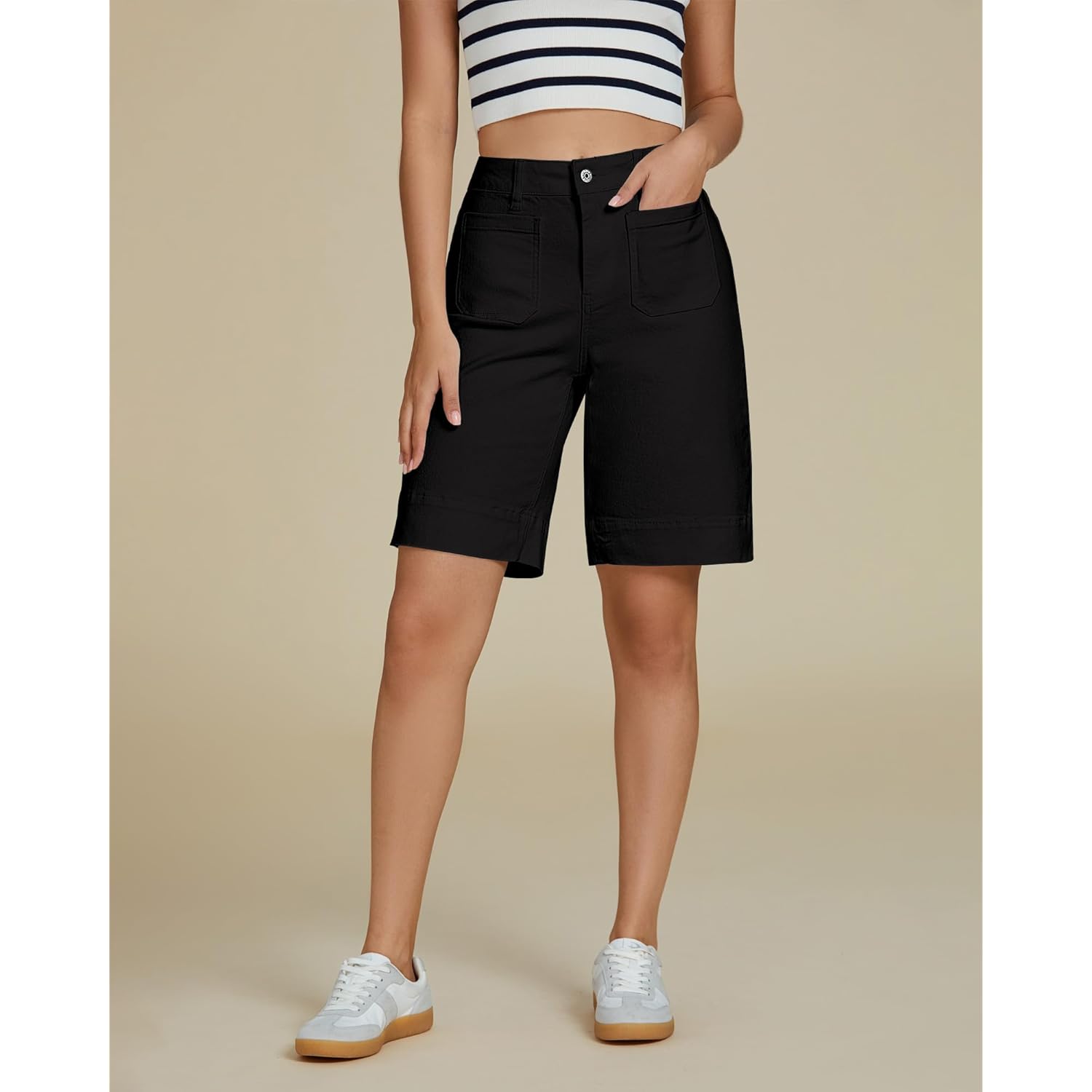Bermuda Shorts for Women High Waisted Trendy Patch Pocket Casual Vintage Long Stretchy Denim Shorts Summer Jorts