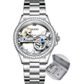 Olevs Women Watch Skeleton Set Automatic Mechanical Silver Luxury Dress Waterproof Luminous Lady Watch Gift Set