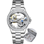 Olevs Women Watch Skeleton Set Automatic Mechanical Silver Luxury Dress Waterproof Luminous Lady Watch Gift Set