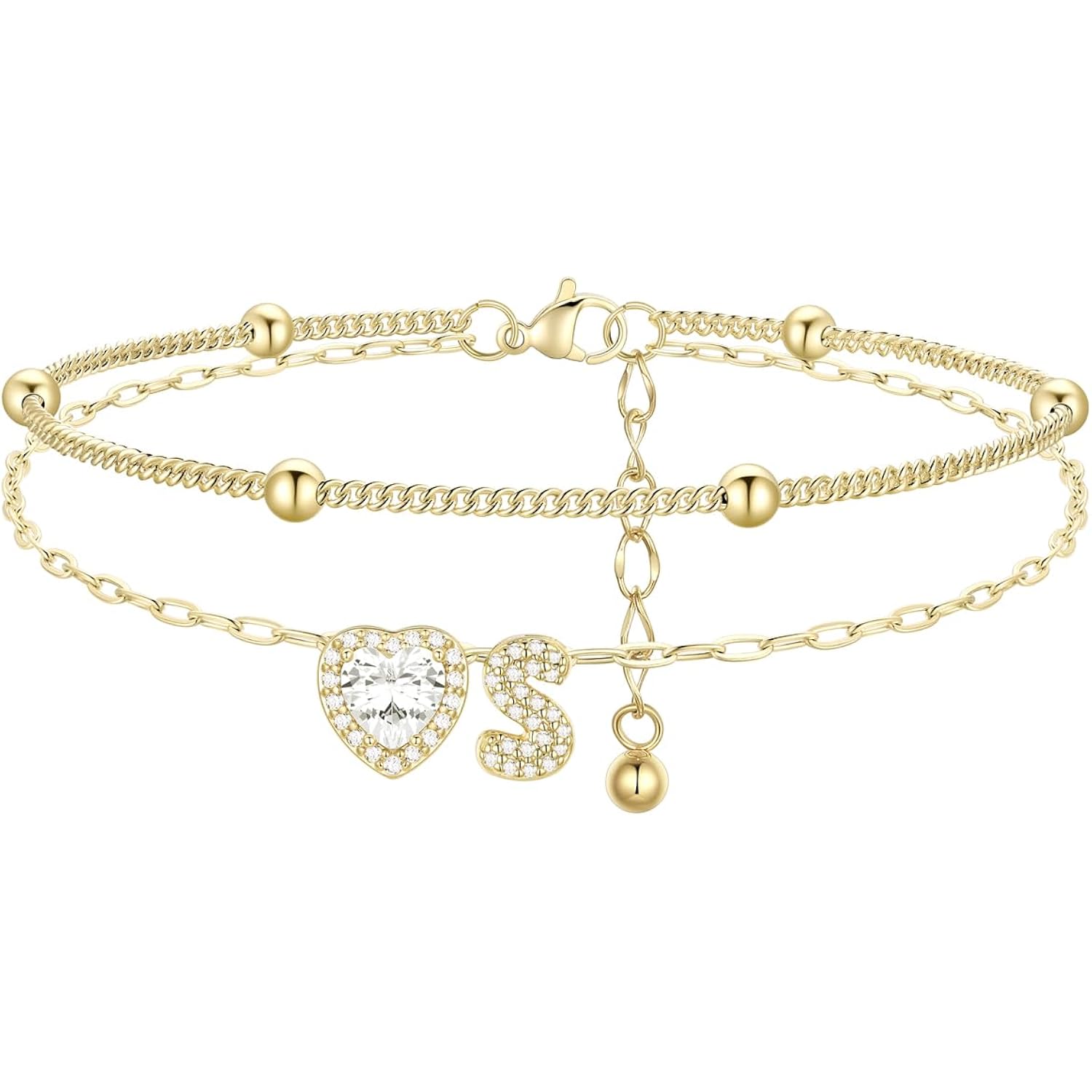 FindChic Initial Anklet for Women, Silver/Gold Plated Layered Beaded Ankle Bracelet with Cubic Zirconia Initial Charm, Adjustable Waterproof Non-Tarnish Foot Jewelry for Summer Beach