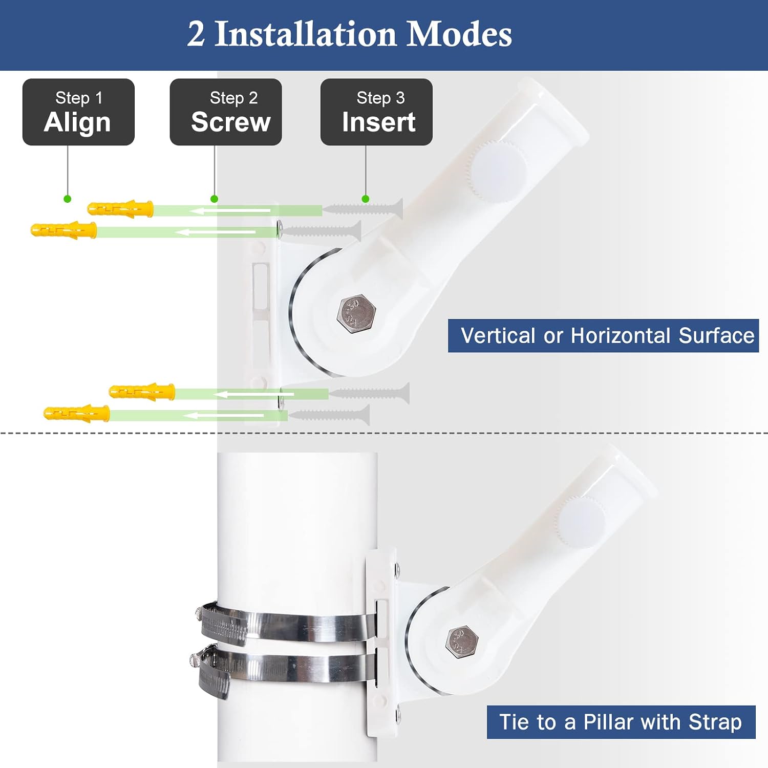 Nq Flag Pole Holder Adjustable, Flag Pole Bracket For Outside House Heavy Duty Aluminum, Multi-Position Flag Pole Mounting Bracket Rust Free With Hardwares, 1" Inner Diameter (White- 1 Pack)