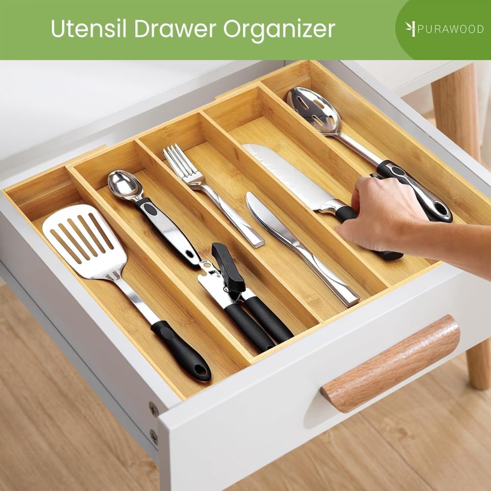 Purawood Kitchen Drawer Organizer - Expandable Utensil Drawer Organizer For Kitchen, Cutlery Tray & Silverware Organizer, 3-5 Slots - Bamboo Organizer For Utensils & Flatware (Natural)