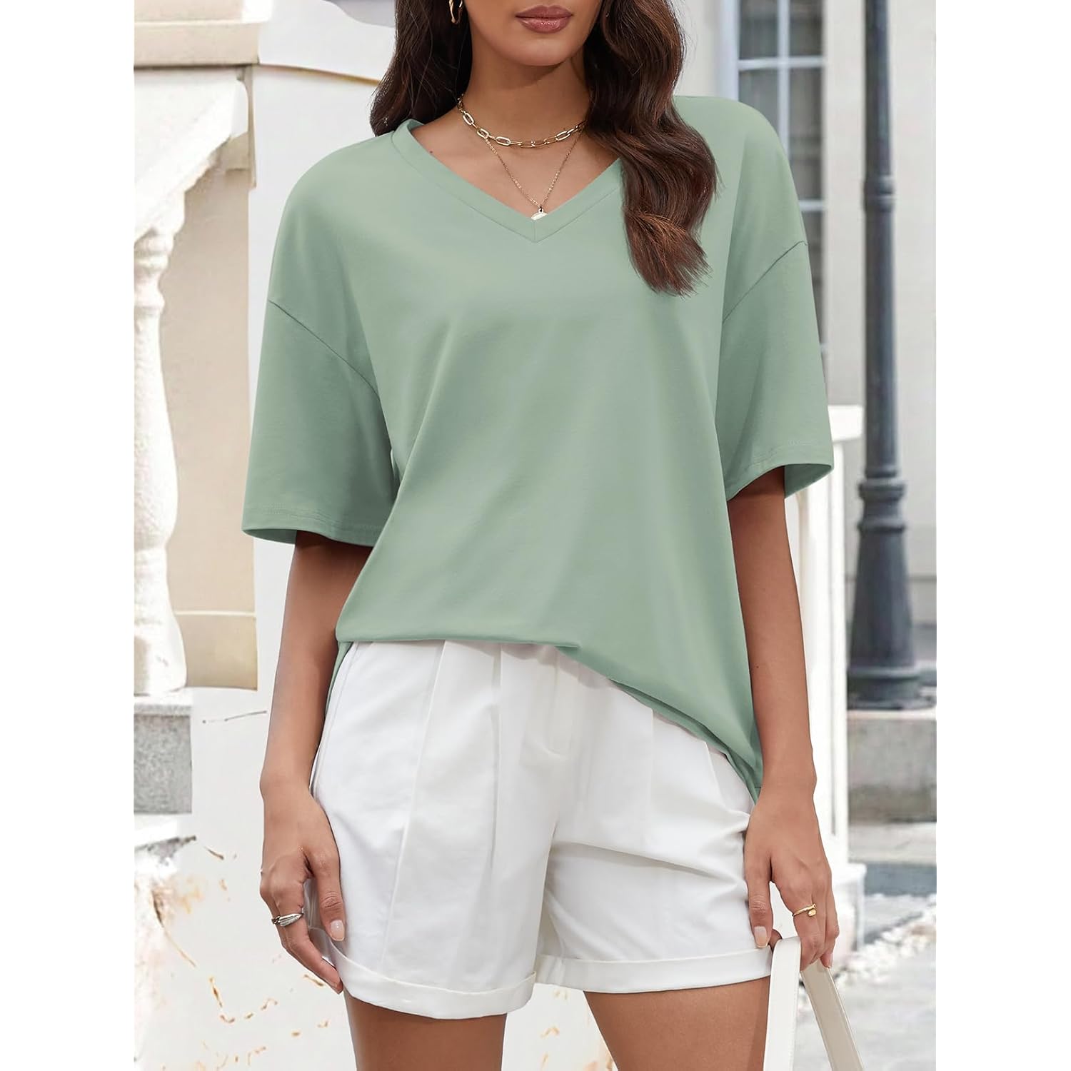 Womens Oversized Shirts V Neck Plus Size Spring Workout Summer Tops Beach Vacation 2026 Gym Clothes Basic Tee
