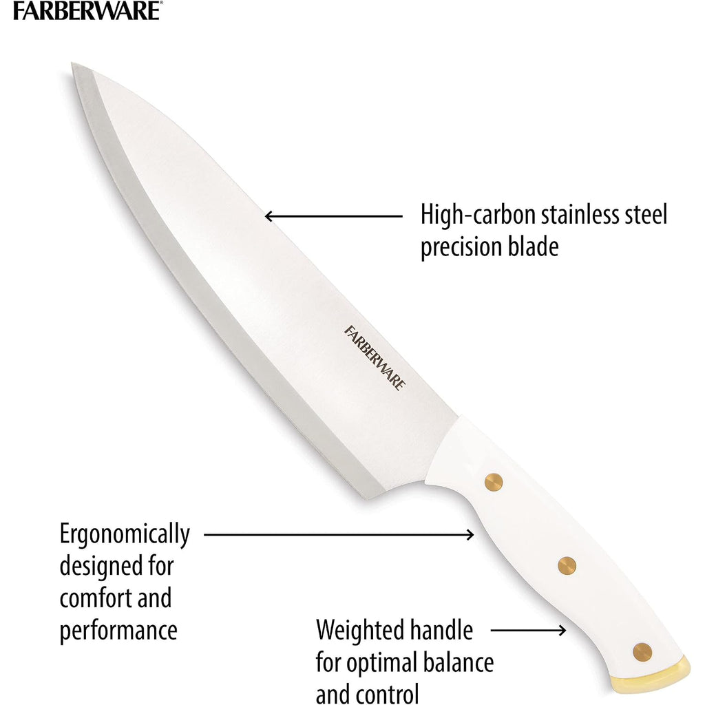 Farberware 15-Piece Knife Block Set, Triple-Riveted High-Carbon Stainless Steel Kitchen Knives, Razor Sharp Blades, Wood Storage Block, White/Gold