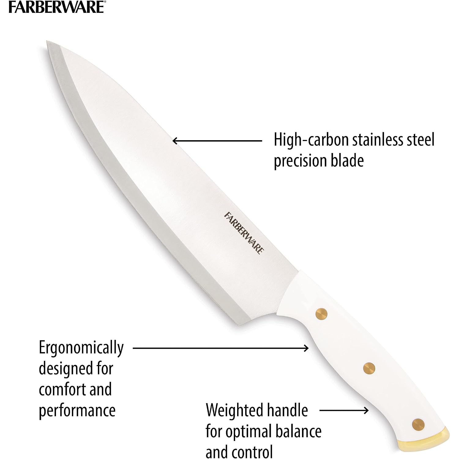Farberware 15-Piece Knife Block Set, Triple-Riveted High-Carbon Stainless Steel Kitchen Knives, Razor Sharp Blades, Wood Storage Block, White/Gold