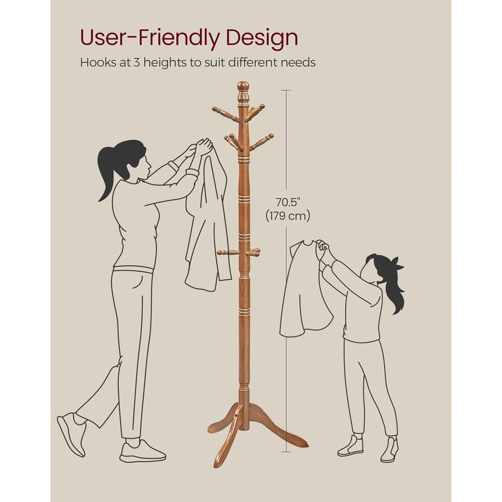 VASAGLE Solid Wood Coat Rack and Stand, Free Standing Hall Coat Tree with 10 Hooks for Hats, Bags, Purses, for Entryway, Hallway, Rubberwood, Caramel Brown URCR03WN