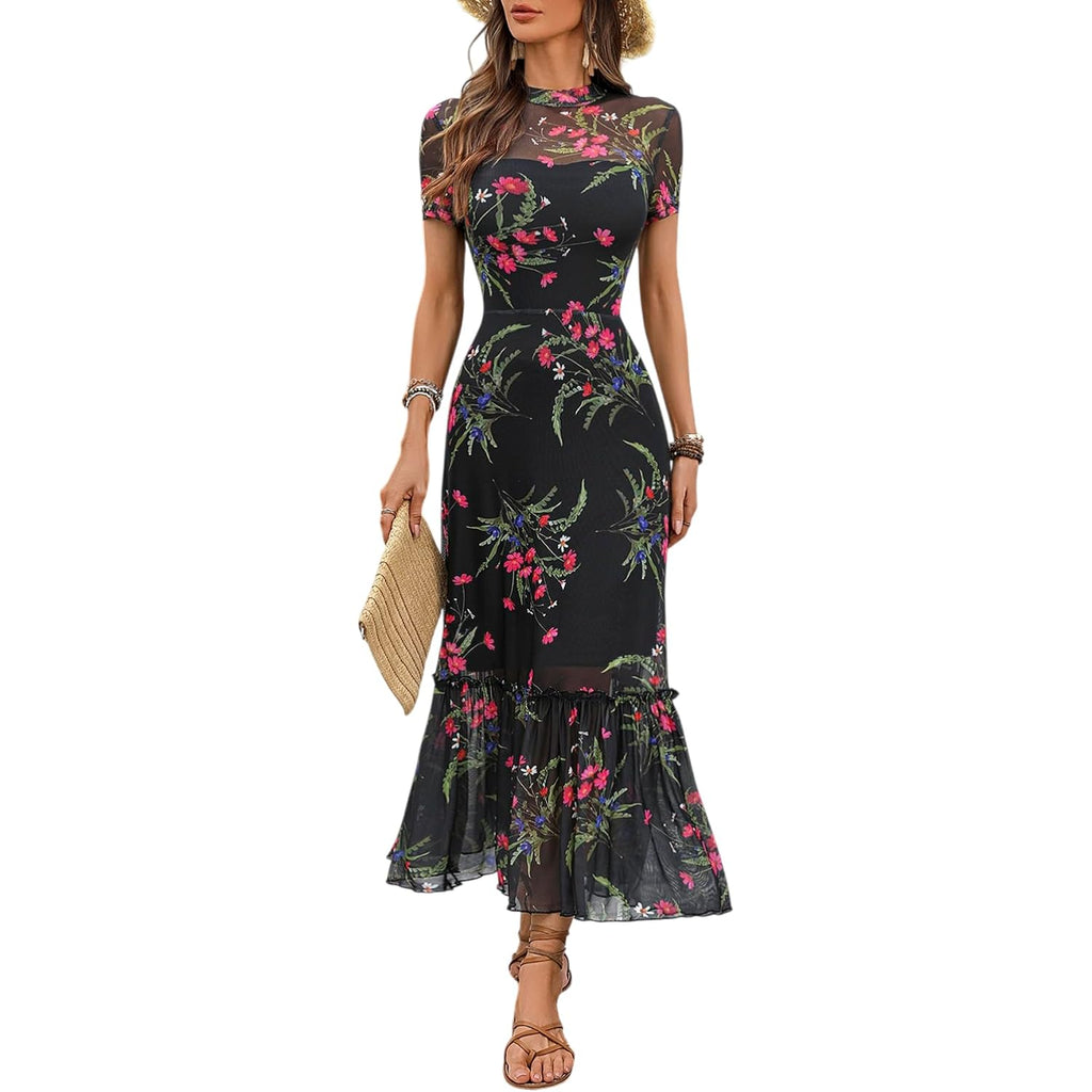 Gothdark Women'S Summer Floral Mesh Ruffle Dress Short Sleeve Round Neck Waist Cinched Casual Maxi Wedding Guest Dresses