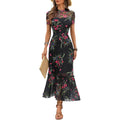 Gothdark Women'S Summer Floral Mesh Ruffle Dress Short Sleeve Round Neck Waist Cinched Casual Maxi Wedding Guest Dresses