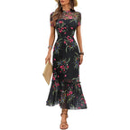 Gothdark Women'S Summer Floral Mesh Ruffle Dress Short Sleeve Round Neck Waist Cinched Casual Maxi Wedding Guest Dresses