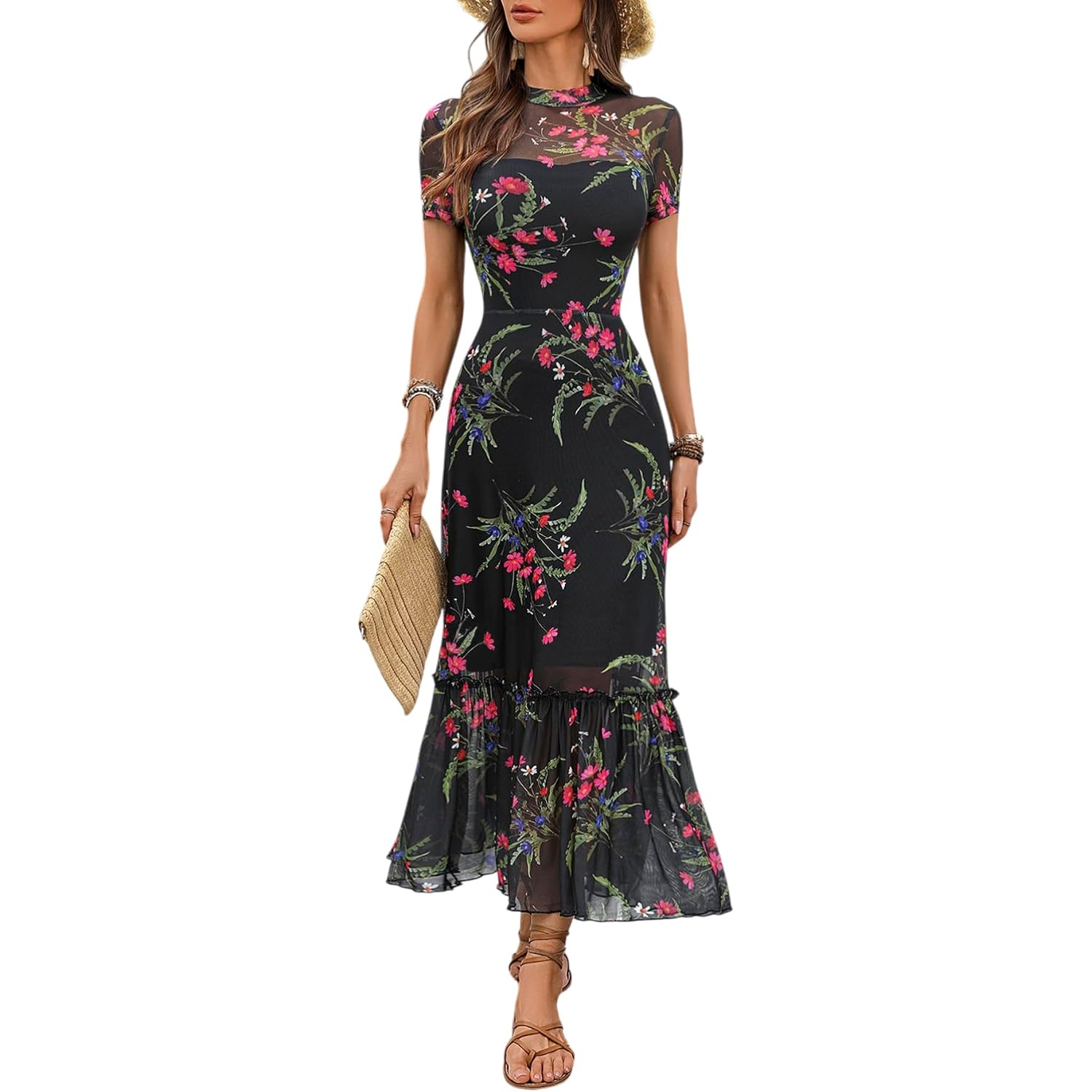 Gothdark Women'S Summer Floral Mesh Ruffle Dress Short Sleeve Round Neck Waist Cinched Casual Maxi Wedding Guest Dresses