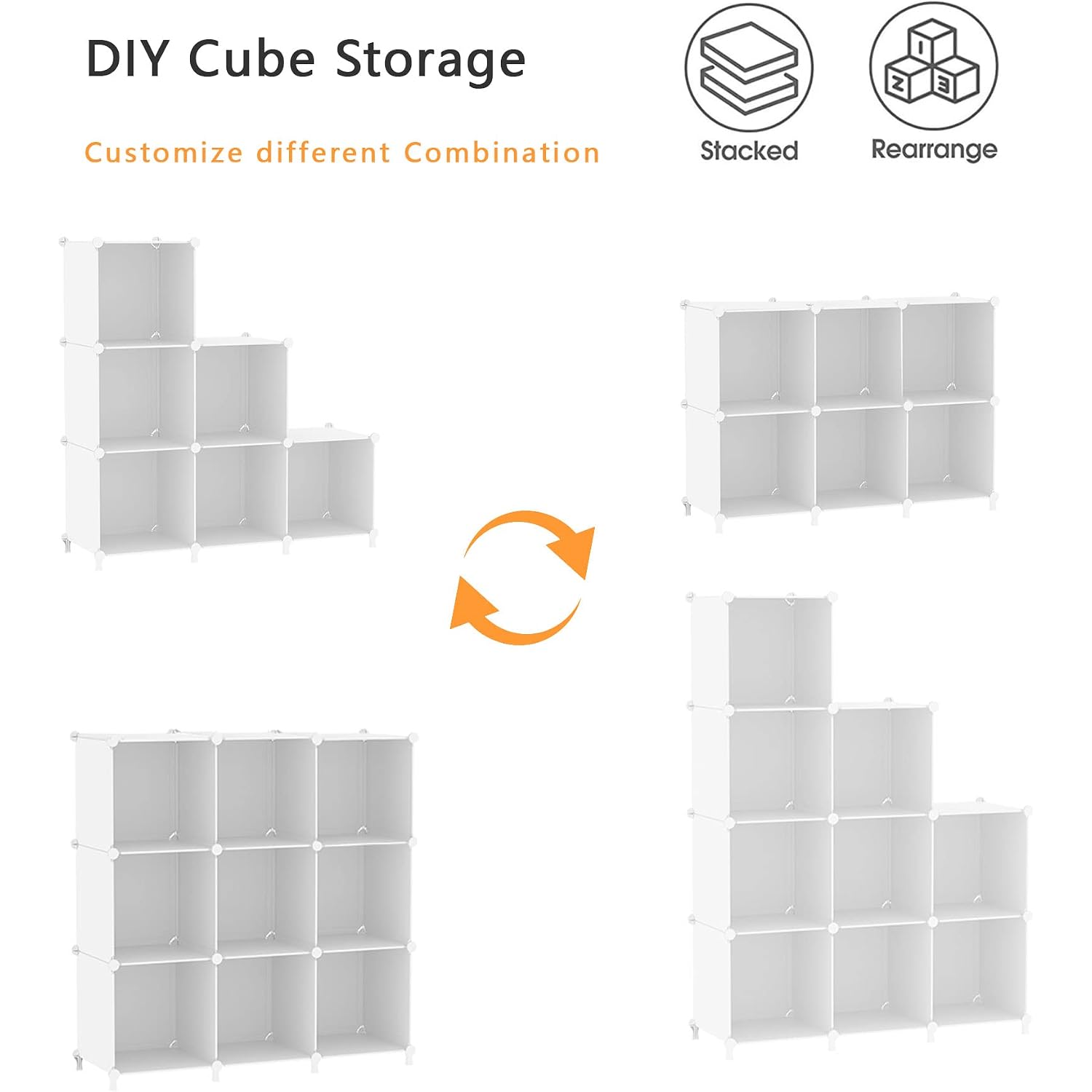 Awtatos Cube Storage Organizer, Storage Cubes Shelves Bookshelf, 6 Cube Closet Organizers And Storage, Diy Stackable Plastic Clothes Organizer Shelving For Bedroom, Home, White