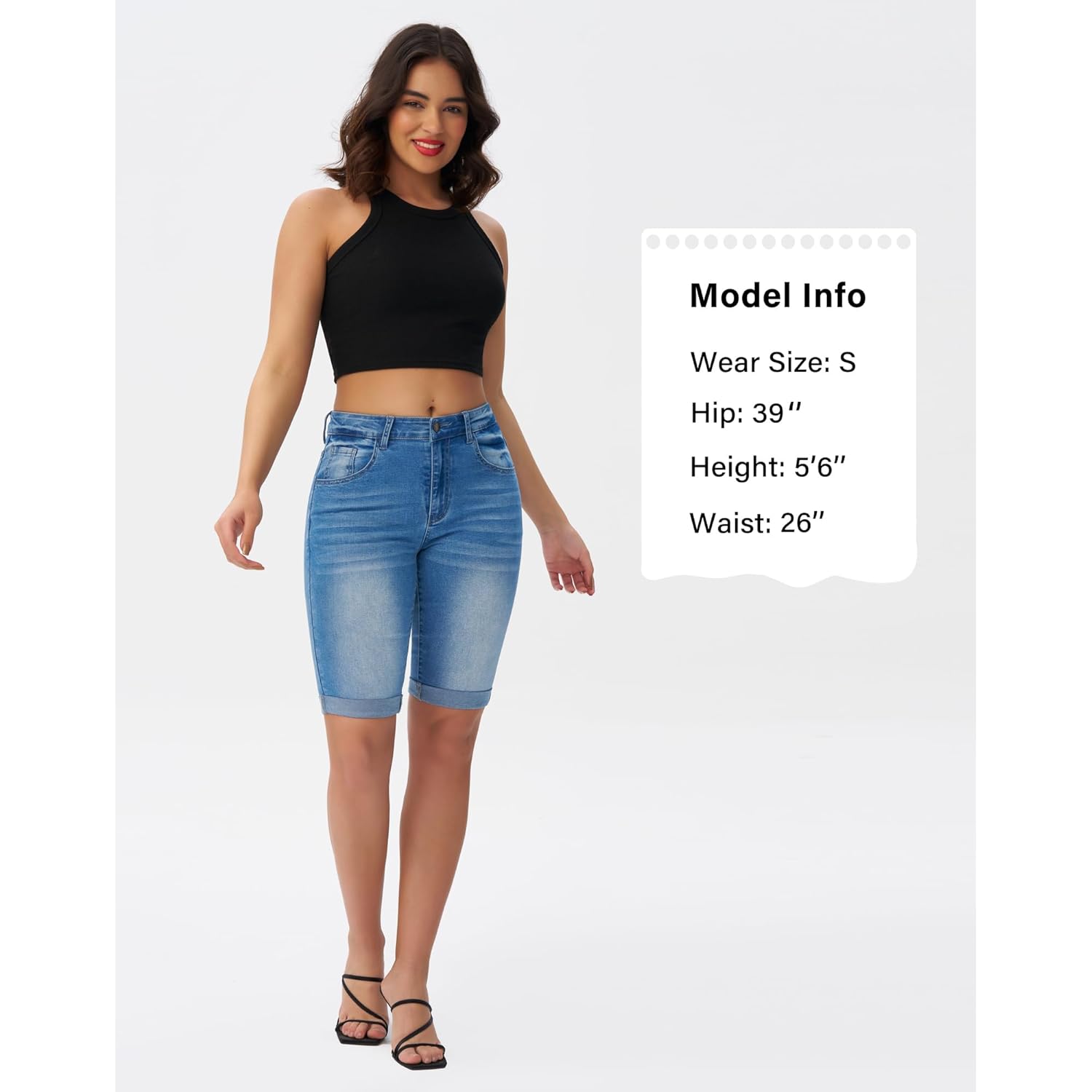 Womens Mid Rise Roll Cuff Bermuda Stretch Denim Jean Shorts