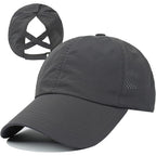HGGE Womens Criss Cross Ponytail Baseball Cap High Messy Bun Ponycap Trucker Hat Quick Drying Mesh Dad Hat for Outdoor Sports Dark Grey