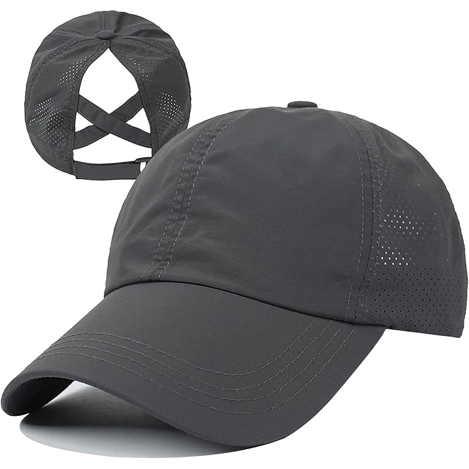 HGGE Womens Criss Cross Ponytail Baseball Cap High Messy Bun Ponycap Trucker Hat Quick Drying Mesh Dad Hat for Outdoor Sports Dark Grey