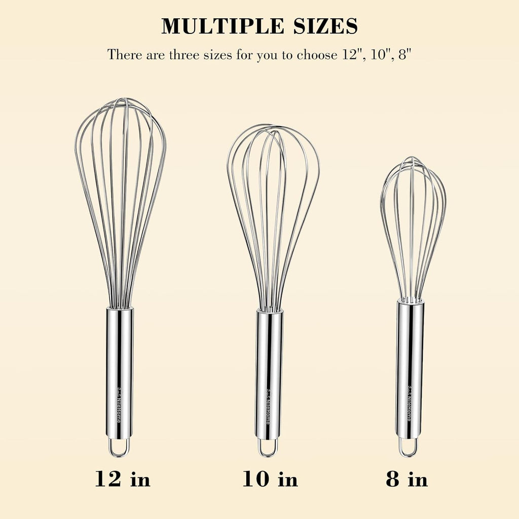 Stainless Steel Whisk Set 8" 10" 12" Kitchen Whisk Balloon Whisk Kitchen Wisk Wire Whisks For Cooking, Whisking, Blending, Beating, Stirring-3 Pack…