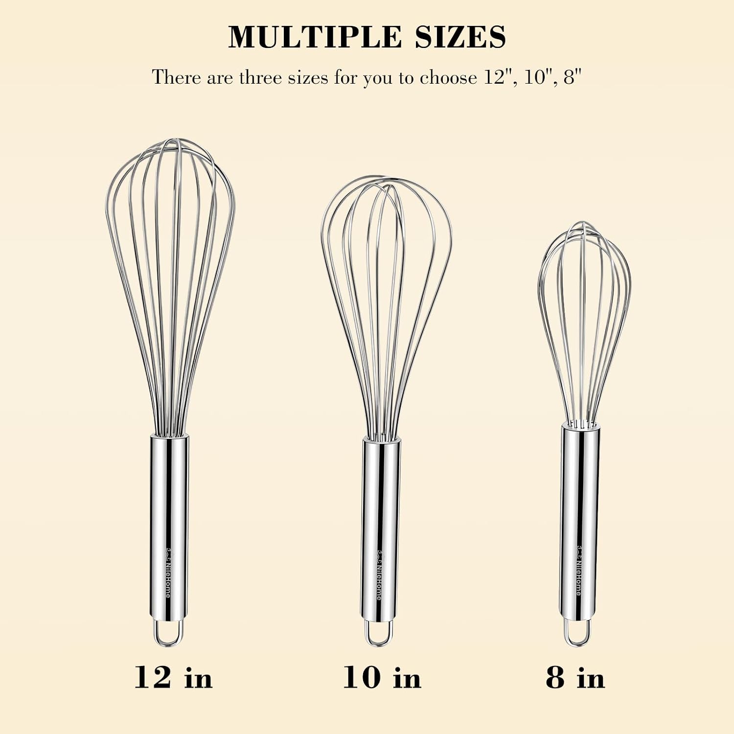 Stainless Steel Whisk Set 8" 10" 12" Kitchen Whisk Balloon Whisk Kitchen Wisk Wire Whisks For Cooking, Whisking, Blending, Beating, Stirring-3 Pack…