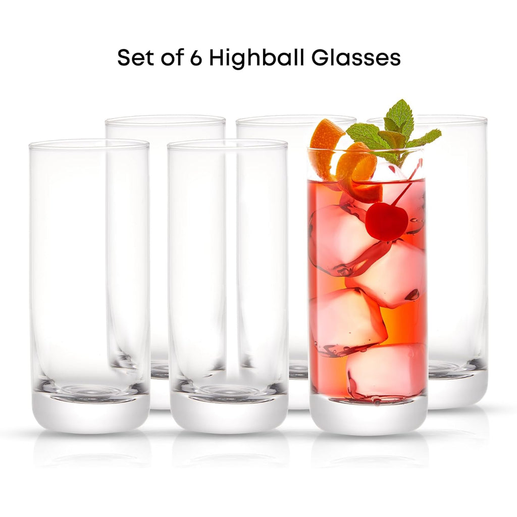 JoyJolt Faye 13oz Highball Glasses, 6pc Tall Glass Sets. Lead-Free Crystal Drinking Glasses. Water Glasses, Mojito Glass Cups, Tom Collins Bar Glassware, and Mixed Drink Cocktail Glass Set