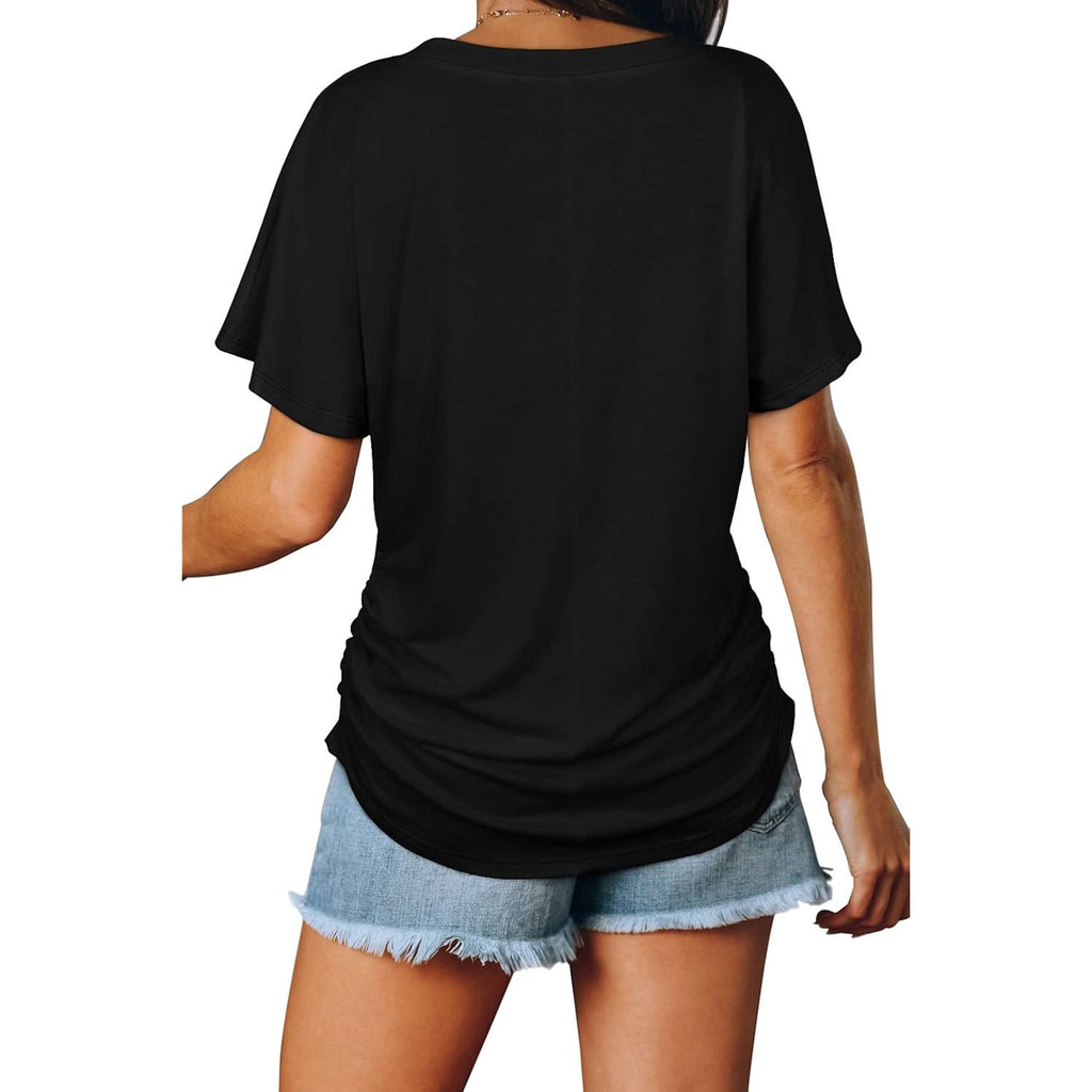 WIHOLL Womens Summer T-Shirts Short Sleeve V Neck Dolman Tops with Side Shirring Loose Fit Shirts Spring Fashion
