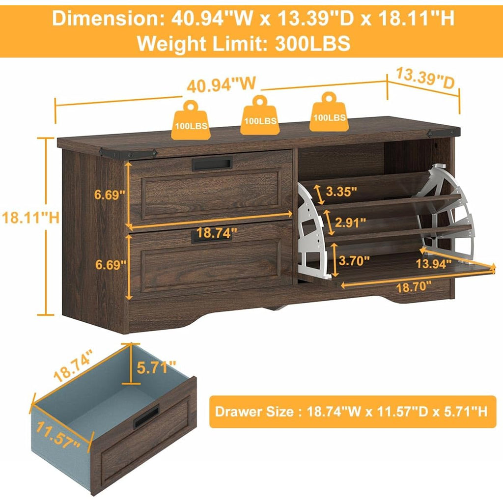 Bench With Shoe Storage For Entryway, Wooden Shoe Benches With Flip Door And Drawers, Entry Way Shoes Organizer Cabinet For Living Room Mudroom (Dark Walnut)