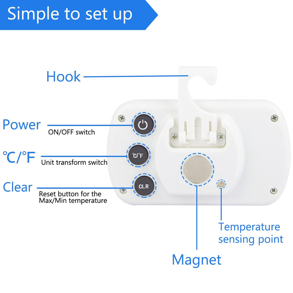 Refrigerator Thermometer Digital Fridge Freeze Room Thermometer Waterproof Large Lcd Display Max/Min Record Function, White