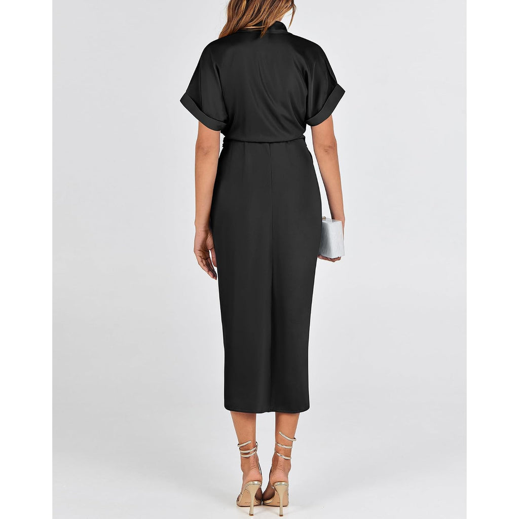 Btfbm Short Sleeve Satin Dresses For Women,Button,Silk,Ruched Maxi Dress,Cocktail Party Wedding,Summer Fall Clothes