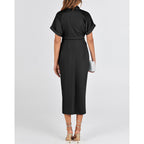Btfbm Short Sleeve Satin Dresses For Women,Button,Silk,Ruched Maxi Dress,Cocktail Party Wedding,Summer Fall Clothes