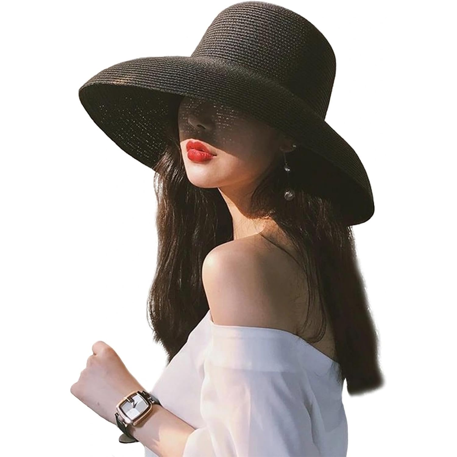 Wide-Brim Classic Elegant Style Foldable Straw Hat Women's Retro UV Resistant Sun Hats for Outdoor, Beach and Travel