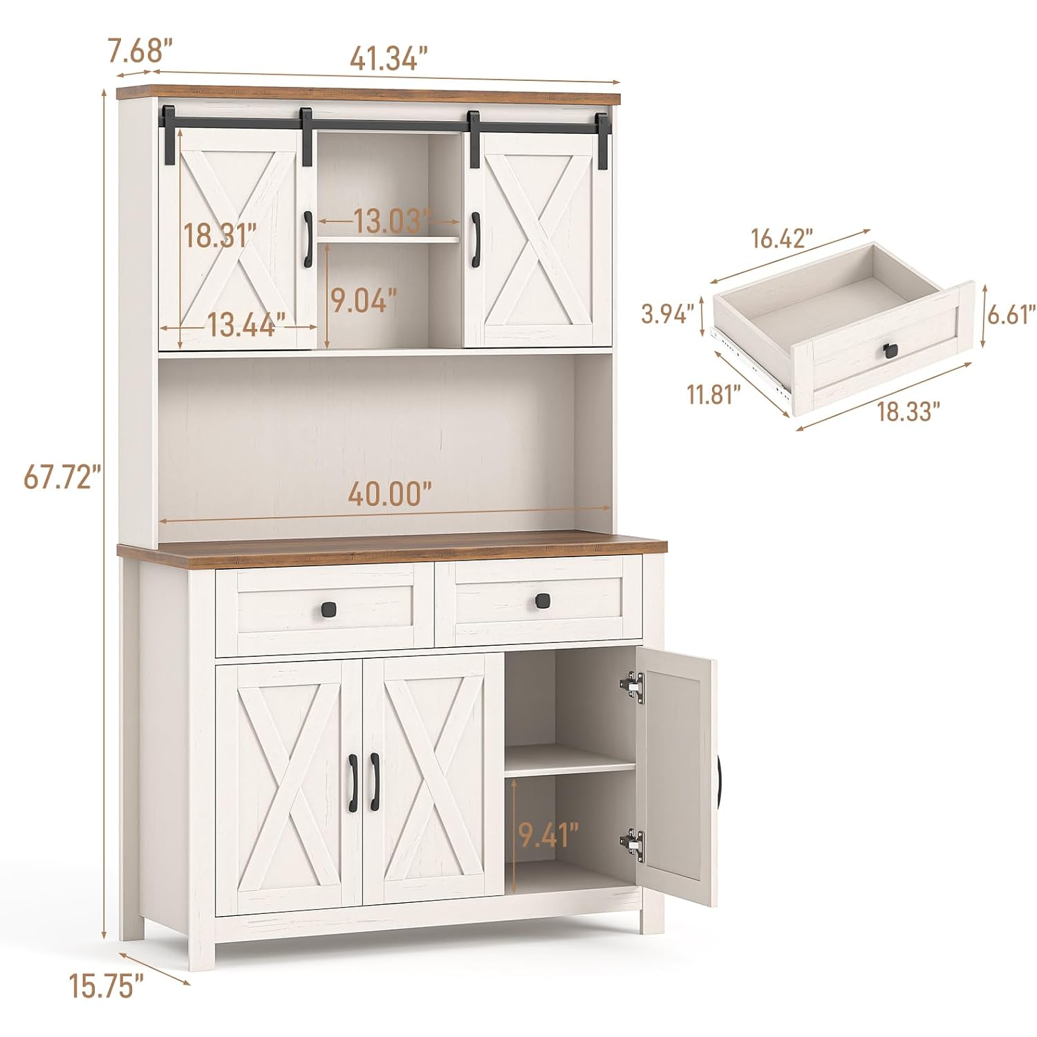 67.7 Inch Farmhouse Pantry Storage Cabinet With Sliding Barn Doors, 2 Drawer Farmhouse Coffee Cabinet With Adjustable Shelf, Side Board With Buffet Cupboard For Livingroom Kitchen, White