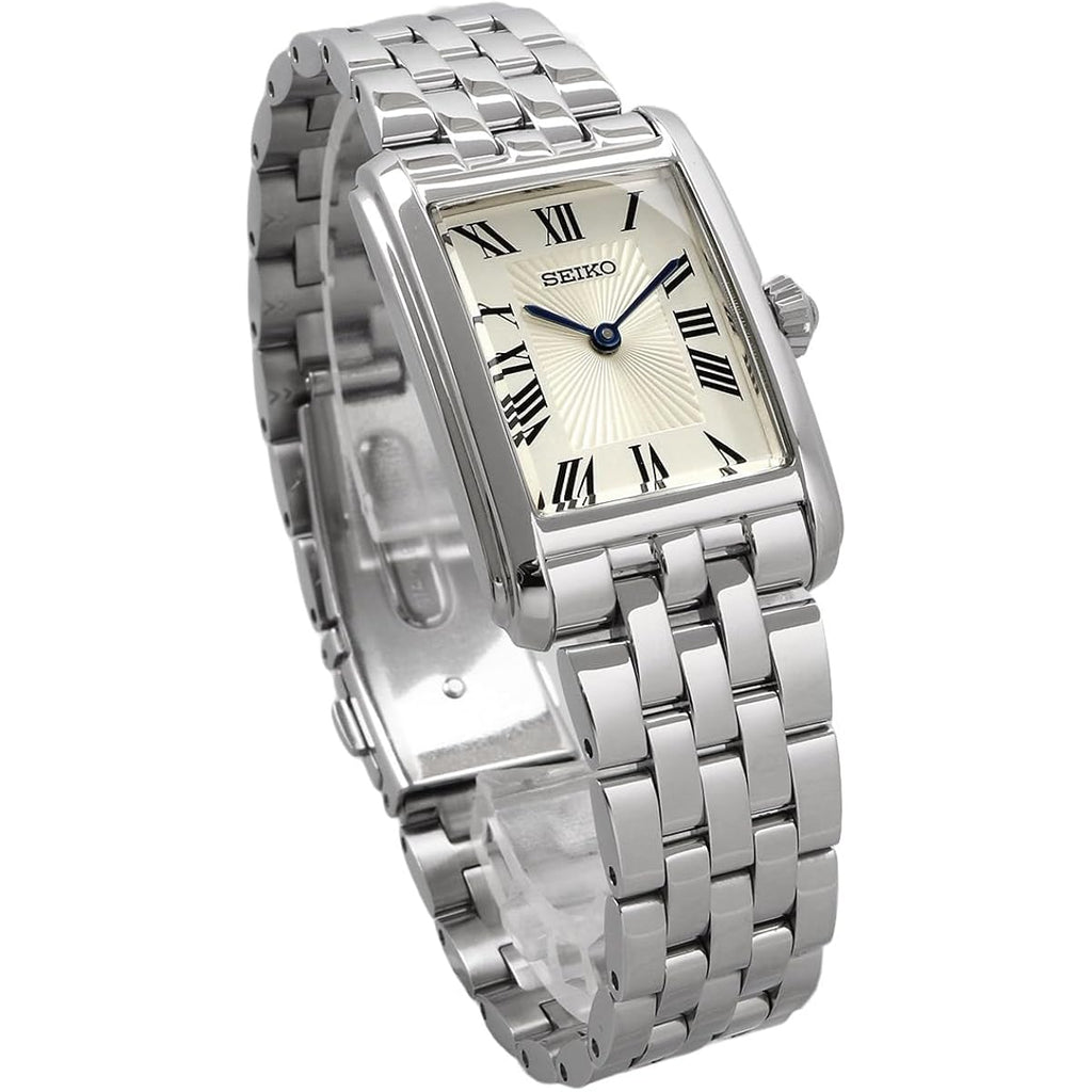 Seiko Swr083 Rectangular Watch - Essentials Collection - Roman Numeral Dial, Blue Hands, Stainless Steel Bracelet, And 50M Water Resistance