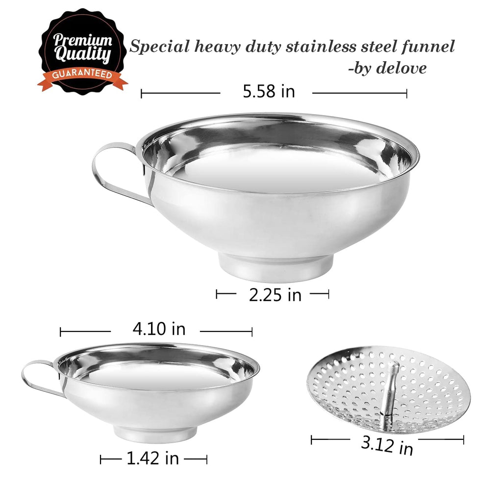 Delove Canning Funnel With Strainer For Wide And Regular Mason Jars - Wide-Mouth Funnels For Kitchen Use - Canning Supplies Kit - Stainless Steel - 3 Pack (Small And Large)