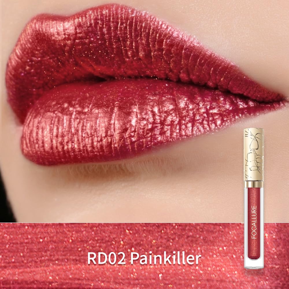 Focallure Metallic Liquid Lipstick,Non Stick Cup Lip Gloss,High Impact Lip Color With Transfer-Proof Wear,Long Lasting & Waterproof Lipstick Makeup For Women,Rd02 Painkiller