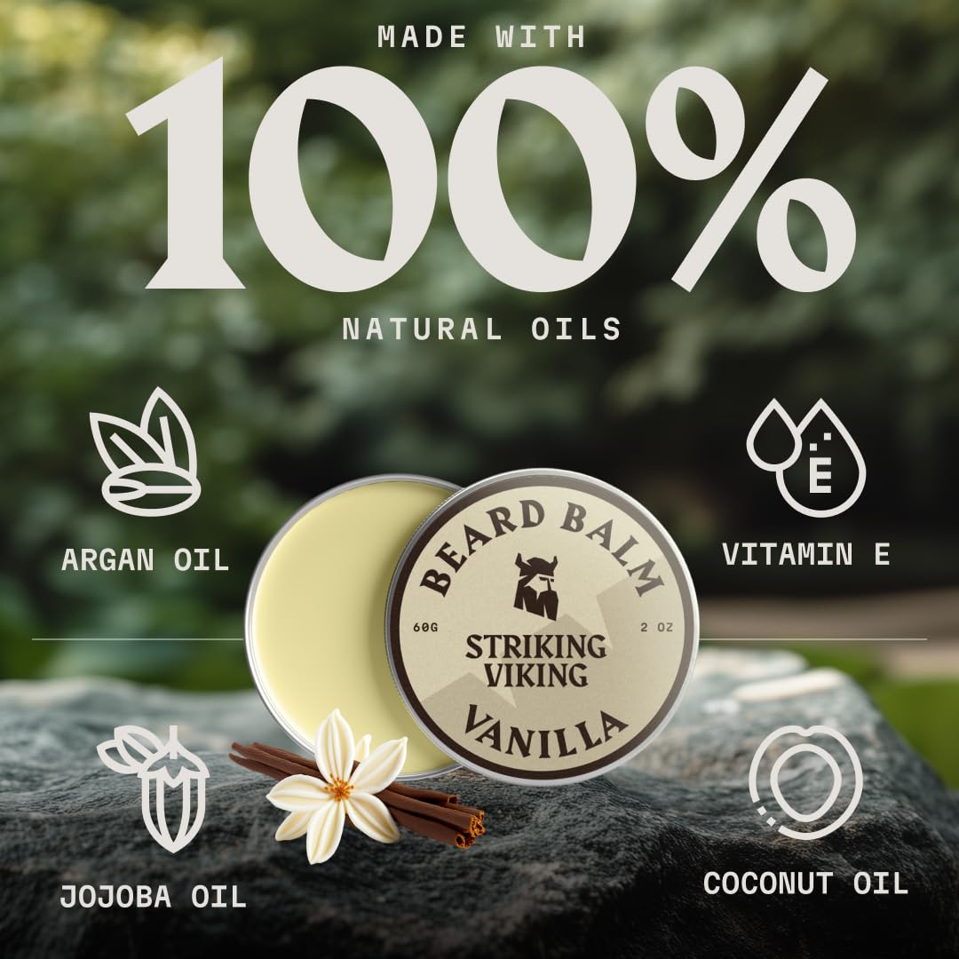 Striking Viking Beard Balm for Men - 2 oz, Vanilla Scent - Light Hold Moisturizer & Beard Conditioner for Men That Softens & Nourishes Coarse Facial Hair with Shea Butter & Tea Tree Oil